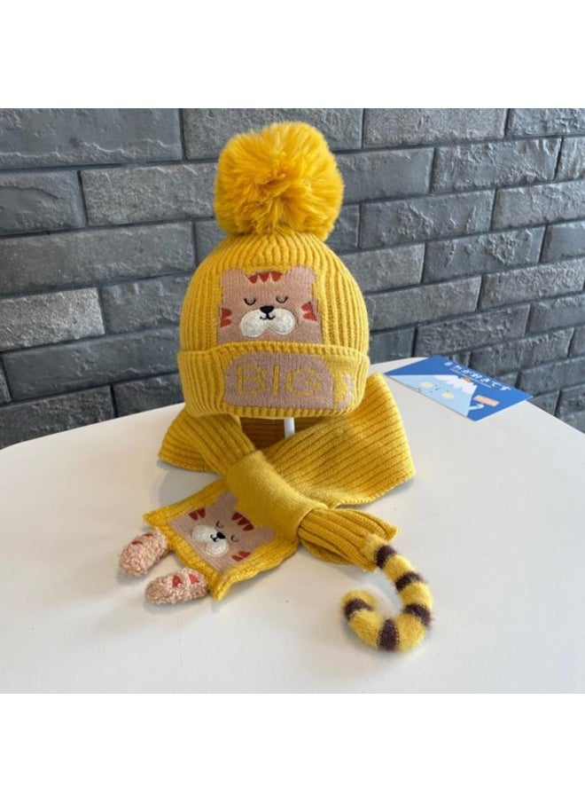 Yellow Bear woven Stretchable Woolen Winter Cap for Kids with Matching Neck Muffler Set (3-10yrs)
