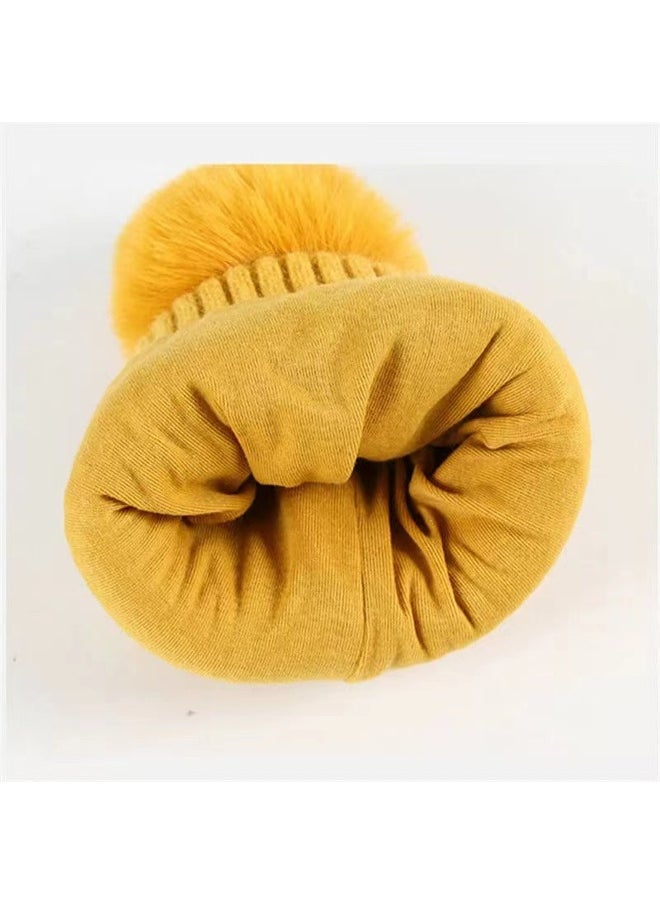 Yellow Bear woven Stretchable Woolen Winter Cap for Kids with Matching Neck Muffler Set (3-10yrs)