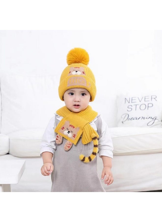 Yellow Bear woven Stretchable Woolen Winter Cap for Kids with Matching Neck Muffler Set (3-10yrs)