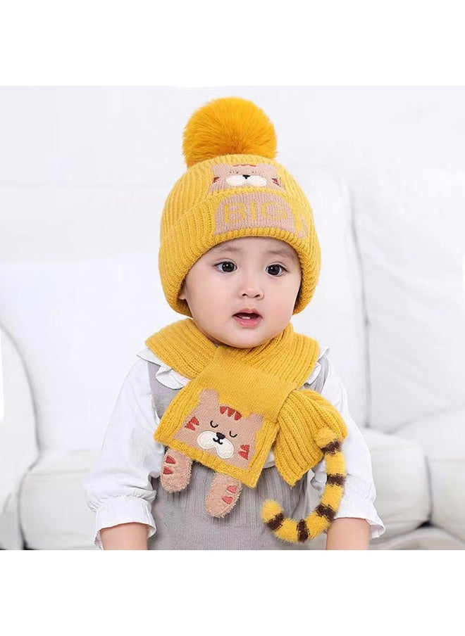 Yellow Bear woven Stretchable Woolen Winter Cap for Kids with Matching Neck Muffler Set (3-10yrs)