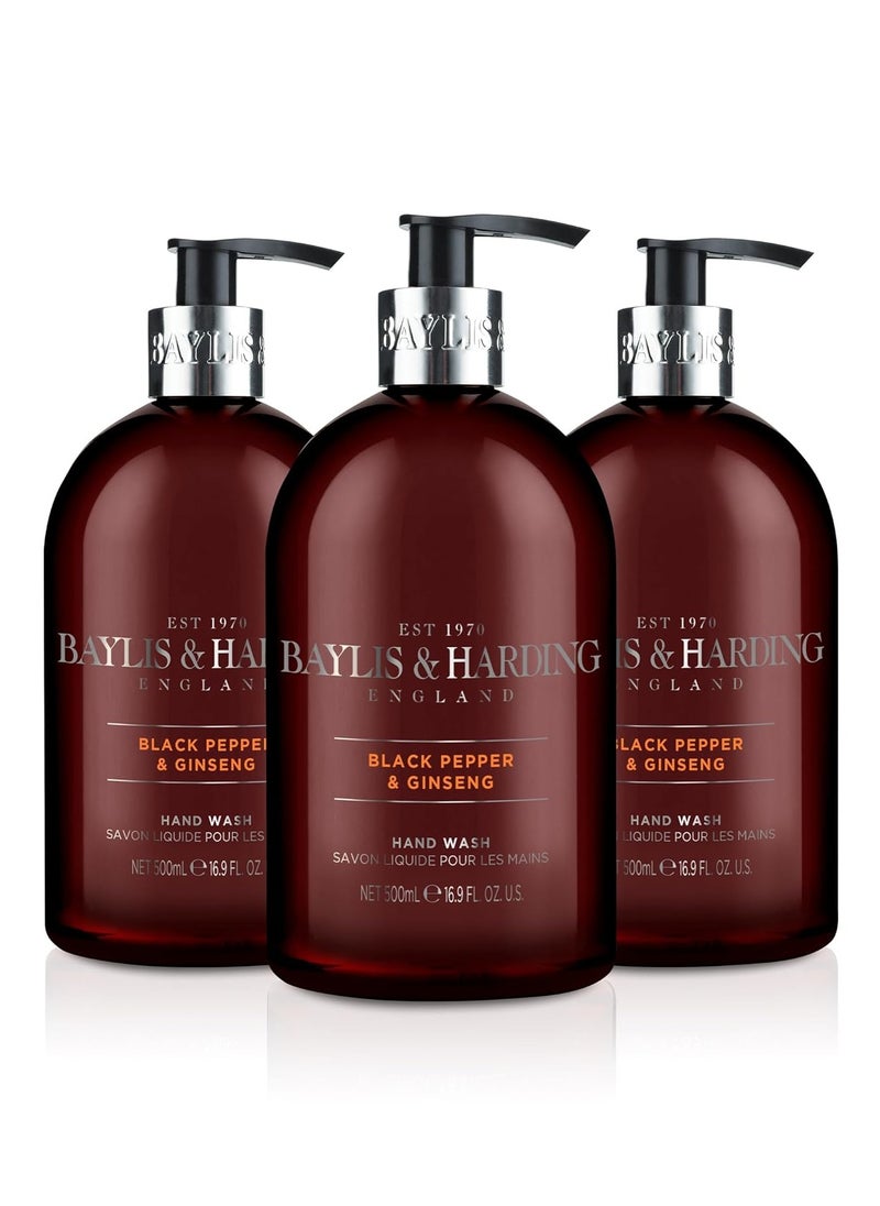 Baylis & Harding Liquid Hand Soap Wash with Dispenser, Black Pepper & Ginseng for Men, 16.9oz/500ml (3-Pack)