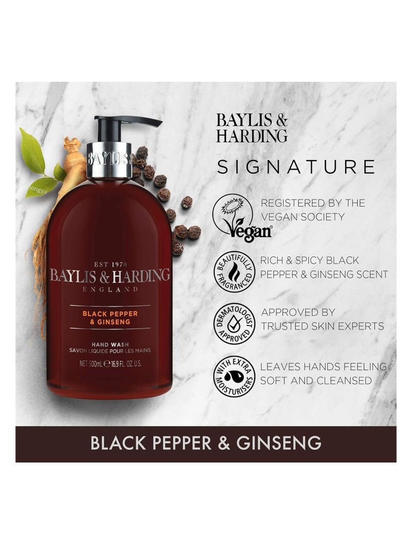 Baylis & Harding Liquid Hand Soap Wash with Dispenser, Black Pepper & Ginseng for Men, 16.9oz/500ml (3-Pack)