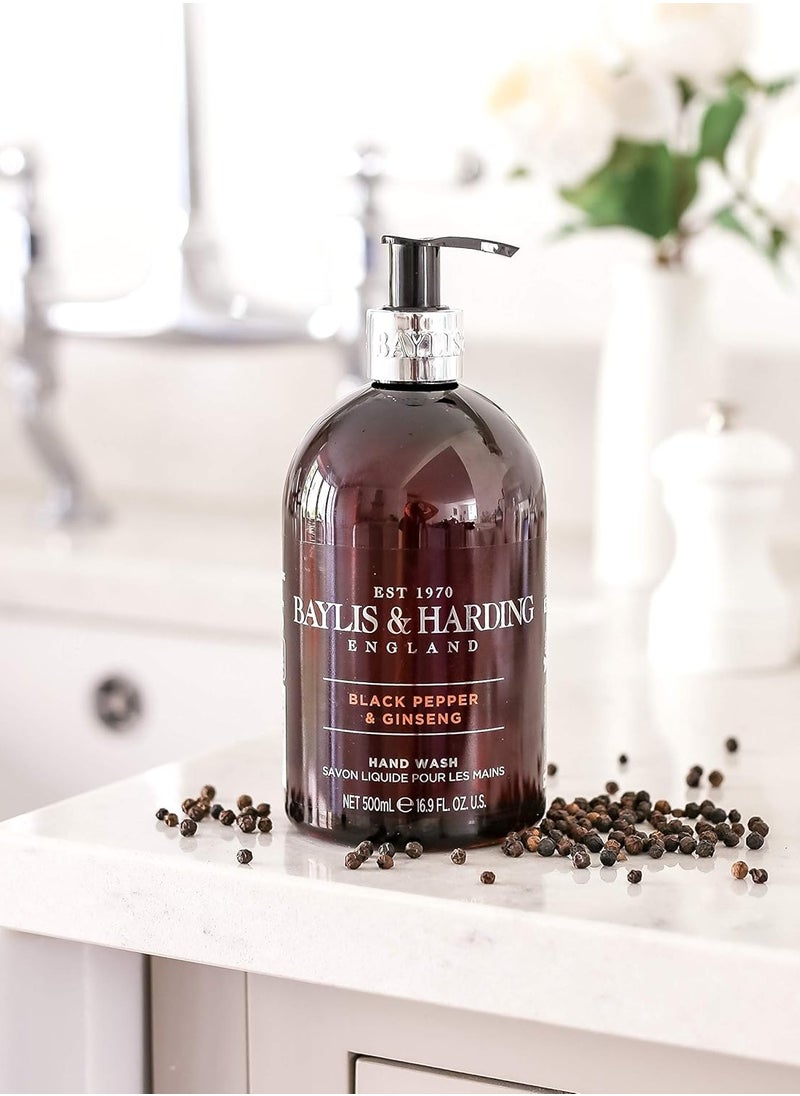 Baylis & Harding Liquid Hand Soap Wash with Dispenser, Black Pepper & Ginseng for Men, 16.9oz/500ml (3-Pack)
