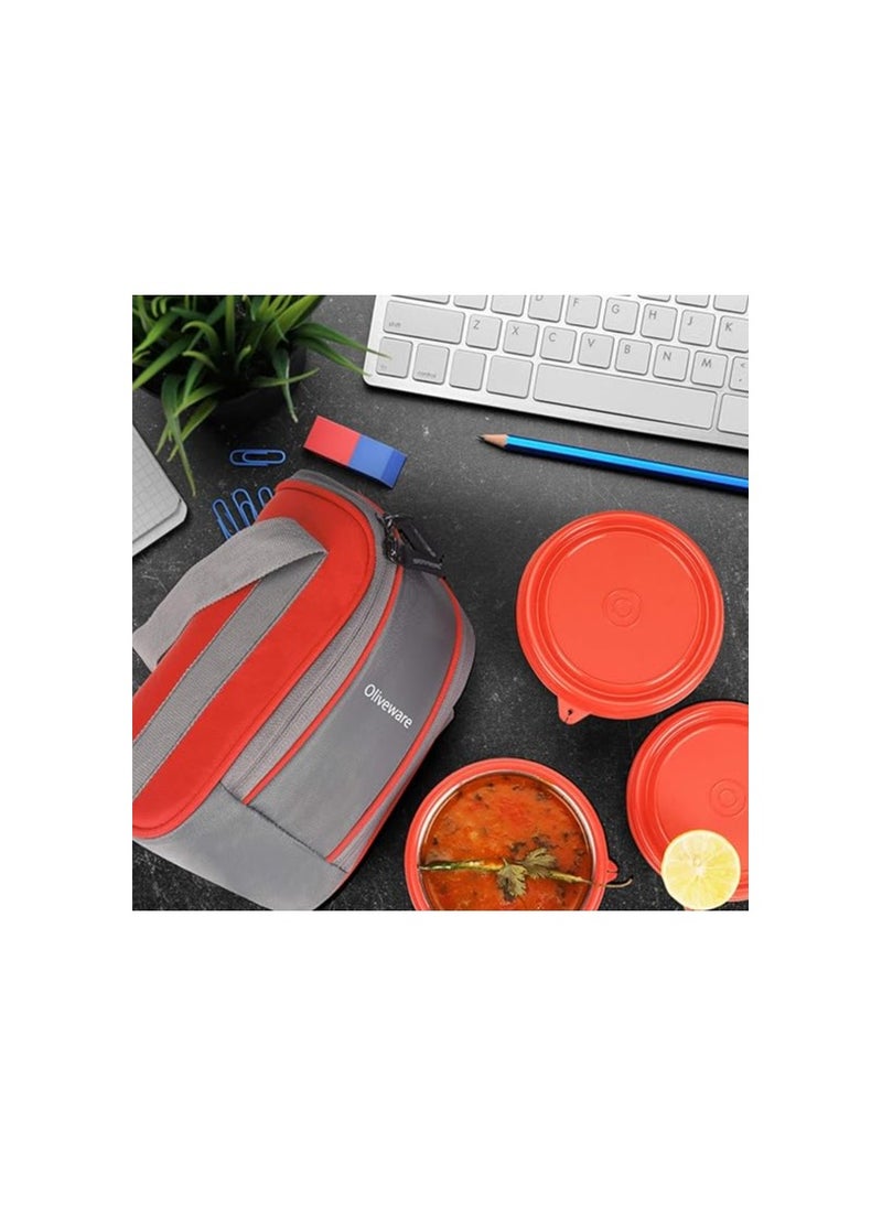 Oliveware Boss Lunch Box - Red | Steel Range | Microwave Safe & Leak Proof | 3 Air-Tight Containers with Bag | Keep Food Hot | School, College & Office Use