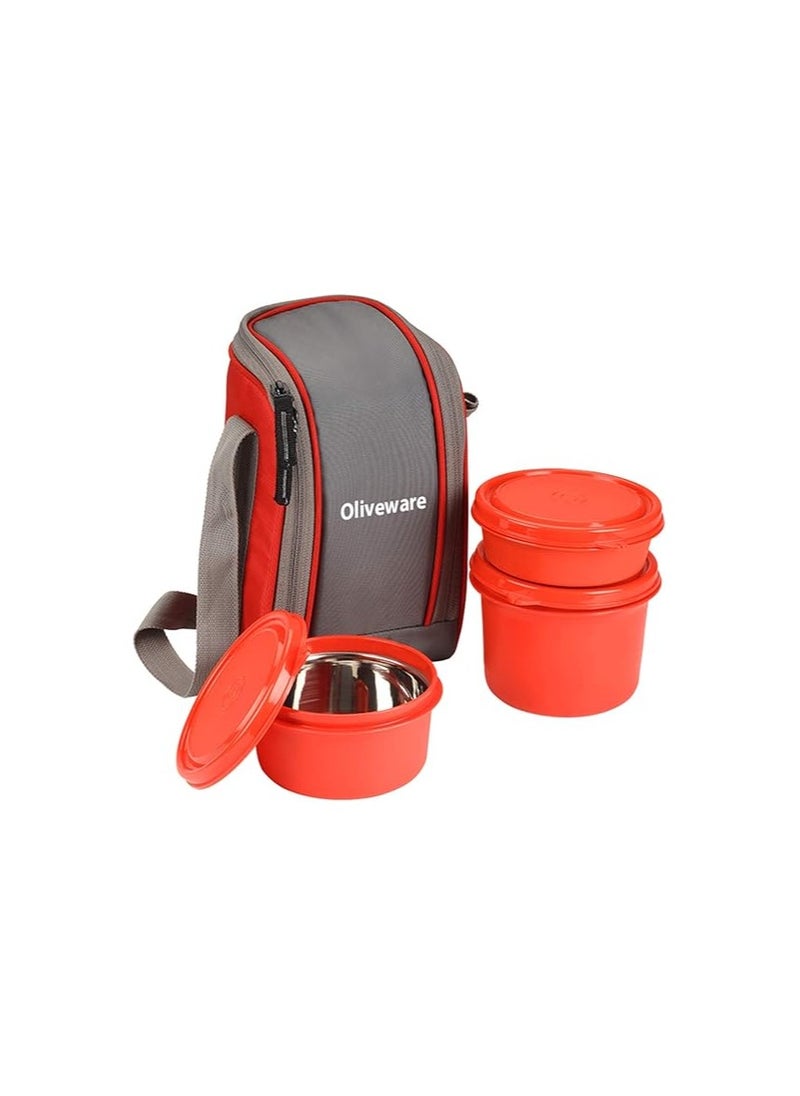Oliveware Boss Lunch Box - Red | Steel Range | Microwave Safe & Leak Proof | 3 Air-Tight Containers with Bag | Keep Food Hot | School, College & Office Use