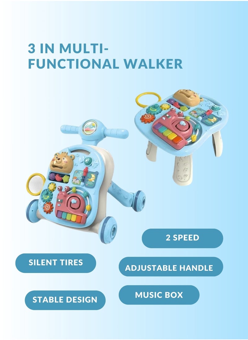 Multifunctional 3-in-1 Baby Walker with Play Piano & Game Table - Perfect for Infants & Toddlers (7 Months to 3 Years) Blue