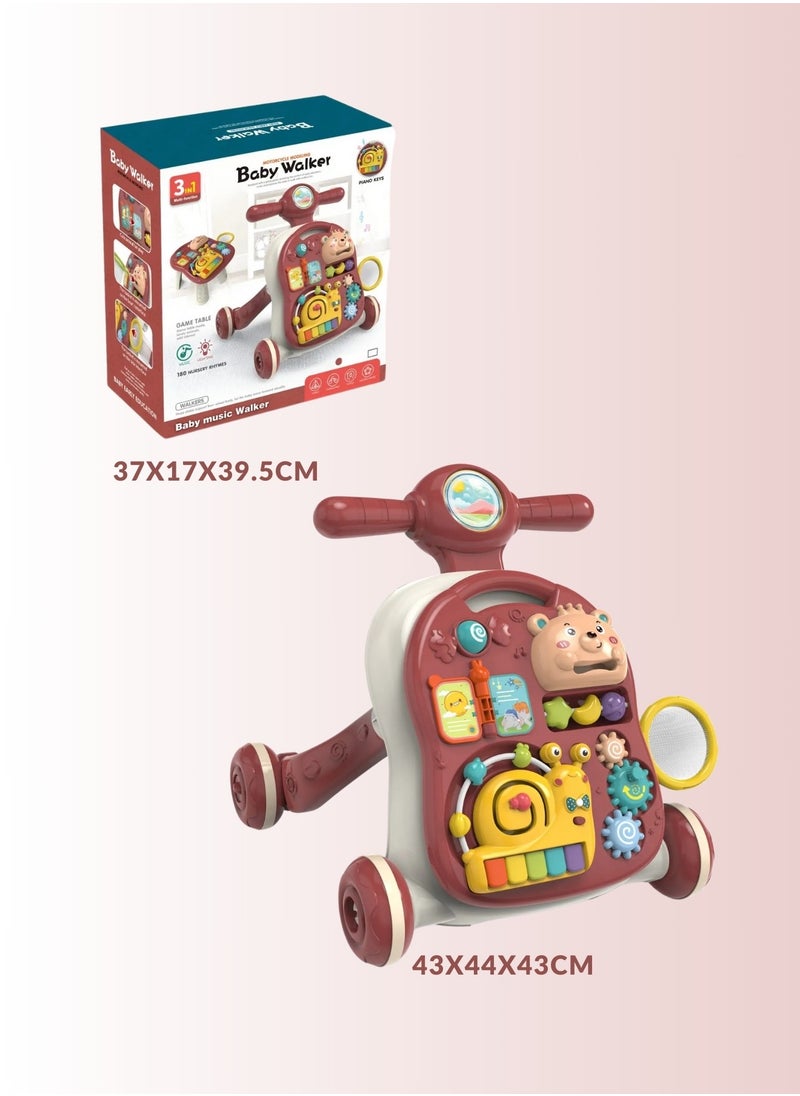 Multifunctional 3-in-1 Baby Walker with Play Piano & Game Table - Perfect for Infants & Toddlers (7 Months to 3 Years) Red