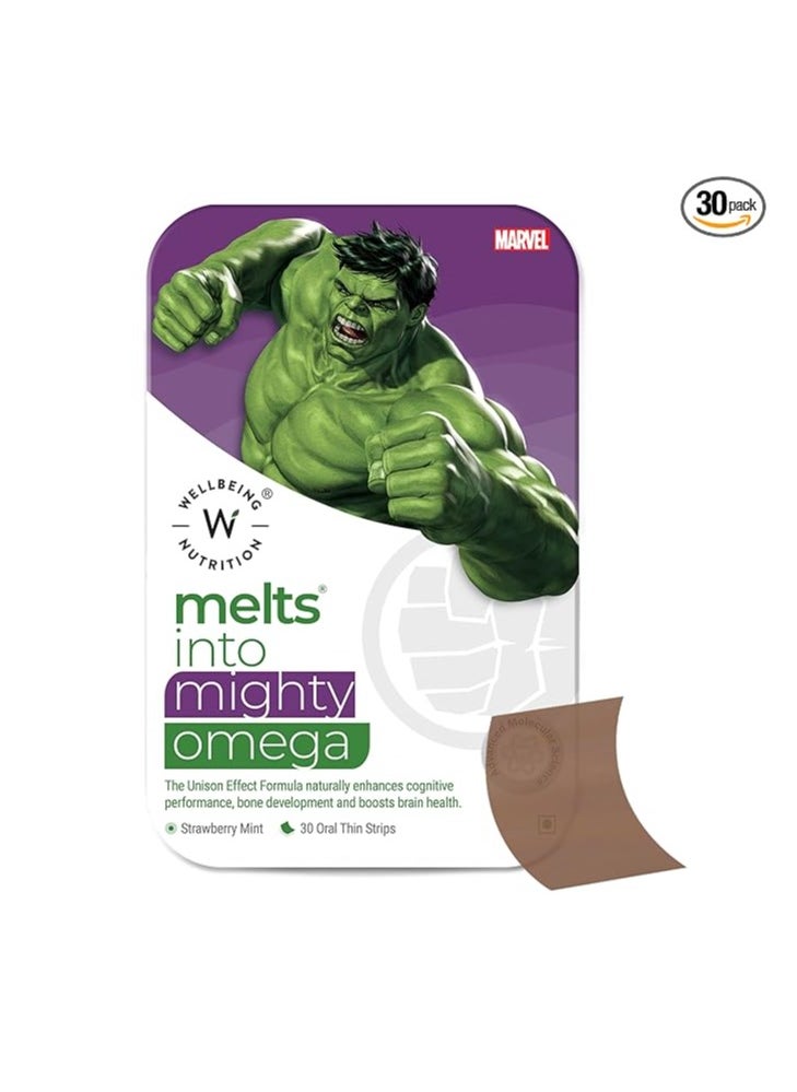 Marvel Hulk Melts | Vegan Omega 3 for Kids (6+) Supports Brain Development, Concentration, Eye And Heart Health | Algae Omega 3 EPA DHA | Strawberry Mint Flavor (30 Oral Strips)