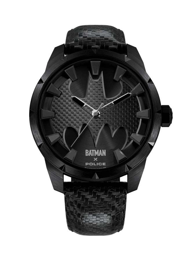 Men's The Bat Men's 45mm Watch with Brushed Black Carbon Fiber Dial, Polished Gun Diamond Cut Edge, Genuine Leather Strap