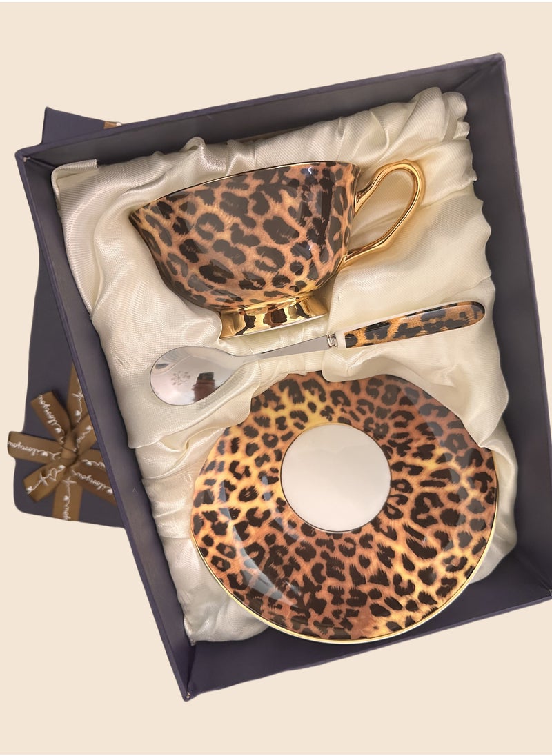 Cup and Saucer Set Art Bone china Ceramic Tea Cup Coffee Cup Set Gift Set (Leopard Print 230ml)