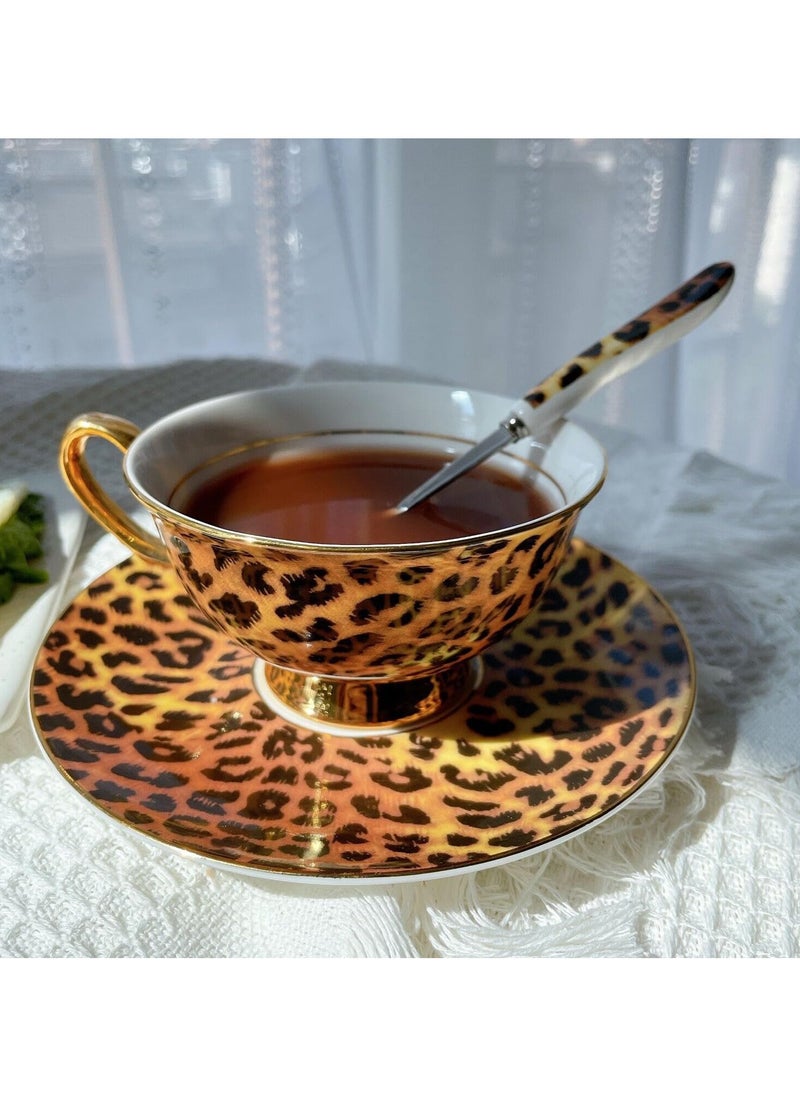 Cup and Saucer Set Art Bone china Ceramic Tea Cup Coffee Cup Set Gift Set (Leopard Print 230ml)