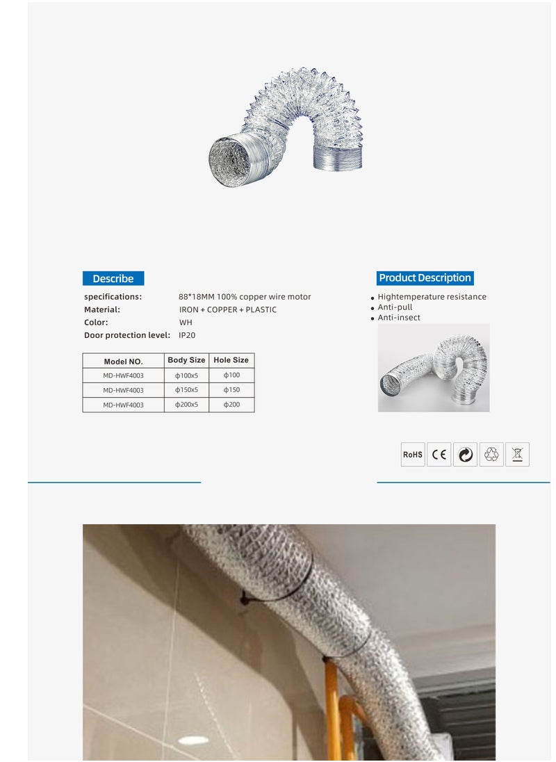 Aluminium Duct Flexible Hose Aluminium Exhaust Pipe, 6 INCH-5M