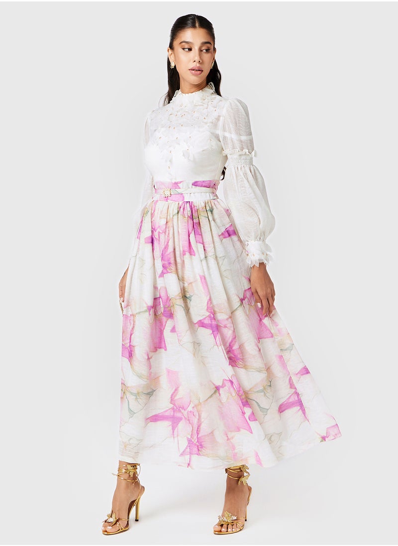 Applique Detailed Printed Skirt Dress