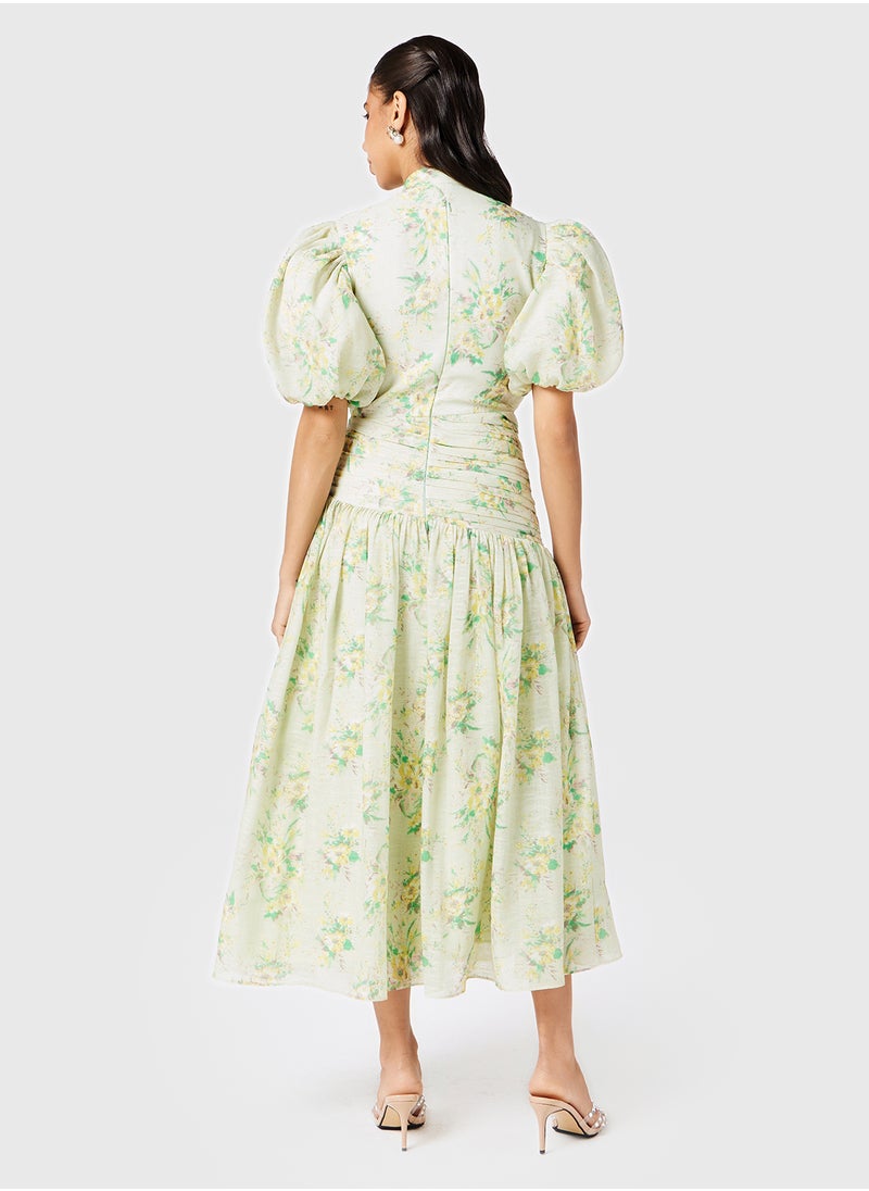 Puff-Sleeve Printed Embellished Dress