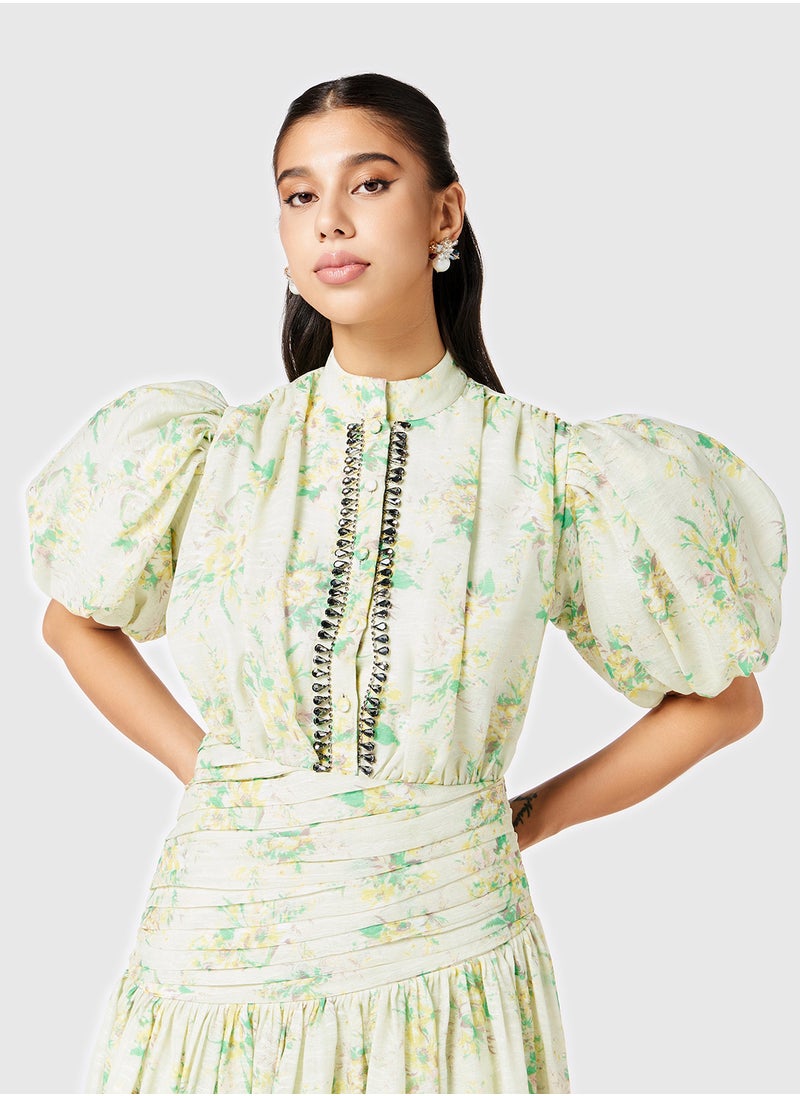 Puff-Sleeve Printed Embellished Dress