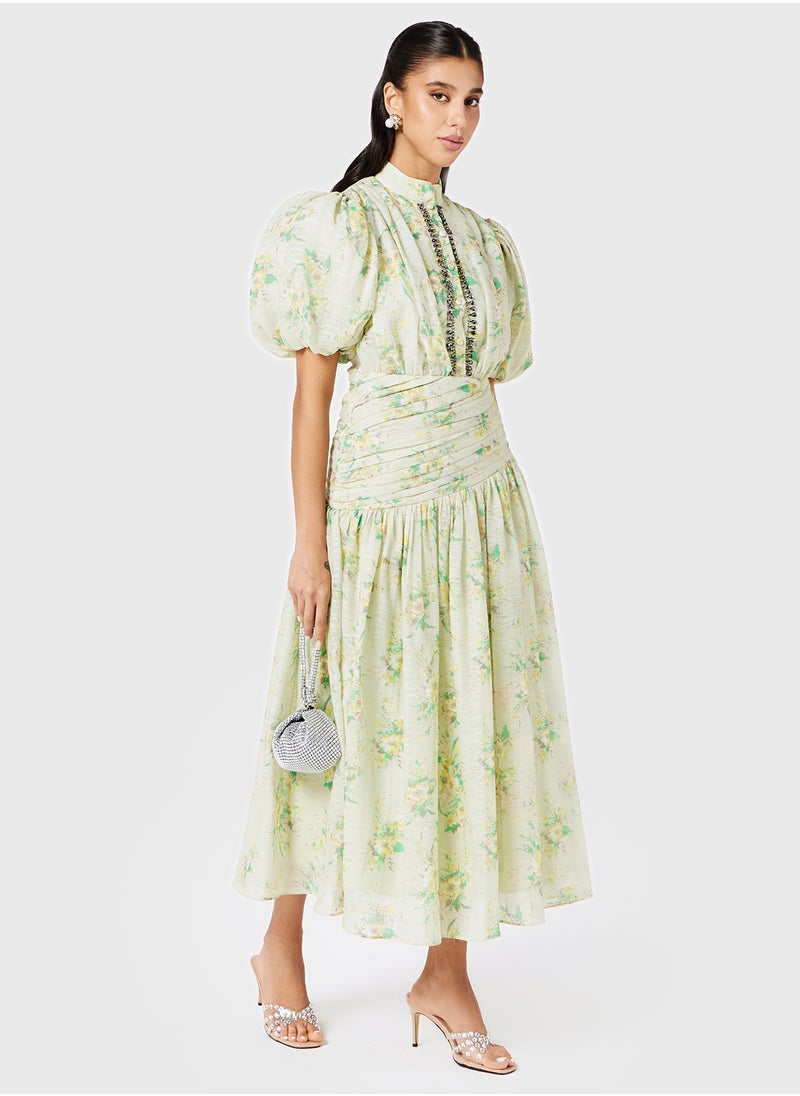 Puff-Sleeve Printed Embellished Dress