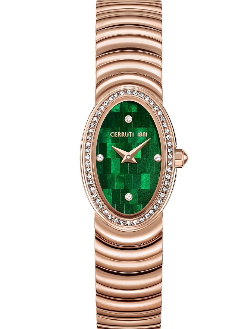 Women's Norcia Analog Watch - Oval Mosaic Green Mother of Pearl Dial, Rose Gold Bracelet, Butterfly Buckle