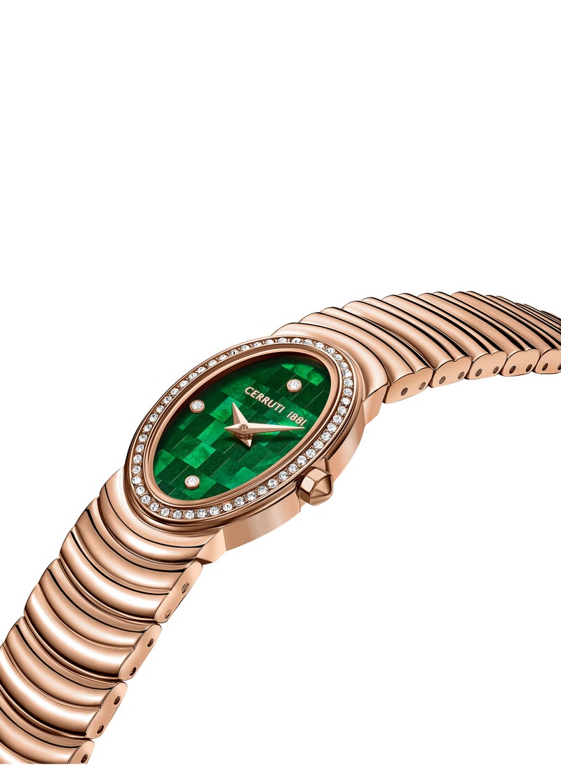 Women's Norcia Analog Watch - Oval Mosaic Green Mother of Pearl Dial, Rose Gold Bracelet, Butterfly Buckle