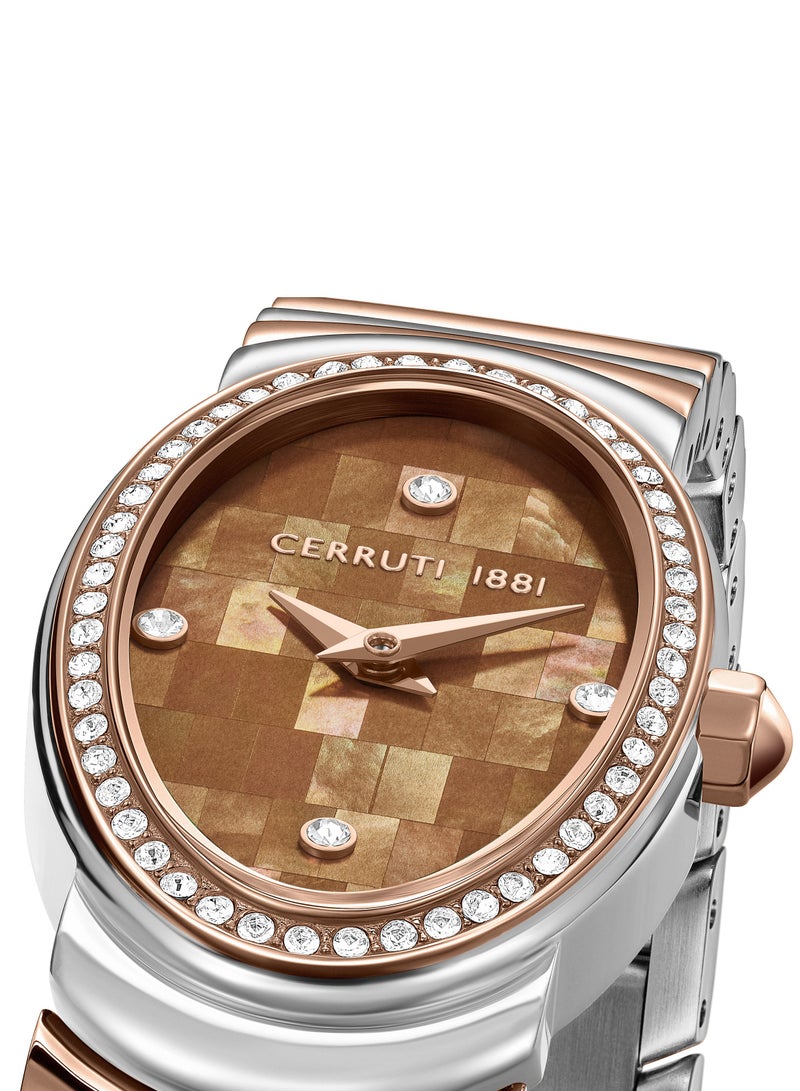 Women's Norcia Analog Watch - Oval Mosaic Brown Mother of Pearl Dial, Two-Tone Bracelet, Butterfly Buckle