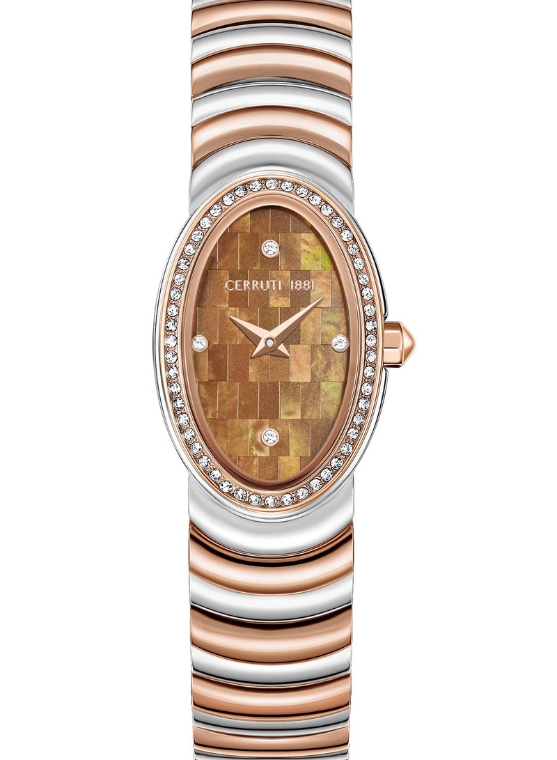 Women's Norcia Analog Watch - Oval Mosaic Brown Mother of Pearl Dial, Two-Tone Bracelet, Butterfly Buckle
