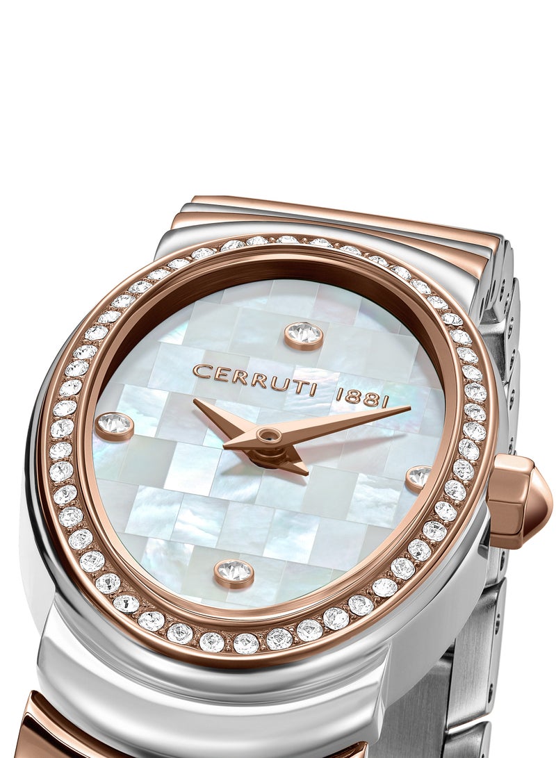Women's Norcia Analog Watch - Oval Mosaic White Mother of Pearl Dial, Two-Tone Bracelet, Butterfly Buckle