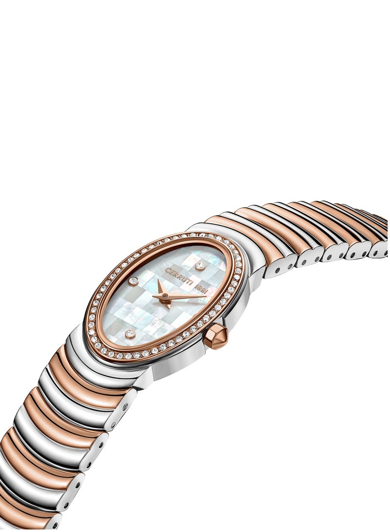 Women's Norcia Analog Watch - Oval Mosaic White Mother of Pearl Dial, Two-Tone Bracelet, Butterfly Buckle