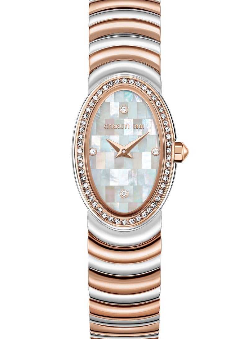 Women's Norcia Analog Watch - Oval Mosaic White Mother of Pearl Dial, Two-Tone Bracelet, Butterfly Buckle