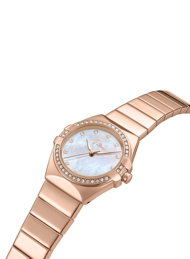 Women's 29mm Rose Gold Watch with White Mother-of-Pearl Dial, 12 White Stones & 316L Stainless Steel Bracelet
