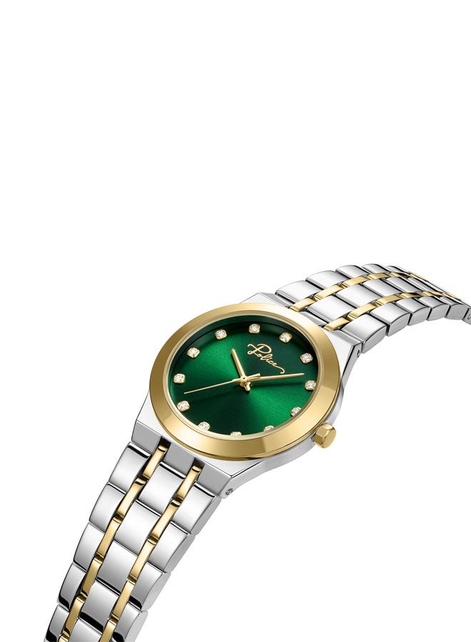 Women's Allure 32mm Two-Tone Watch with Green Sunray Enamel Dial, 12 Dazzling Stones & Signature at 12 o’clock