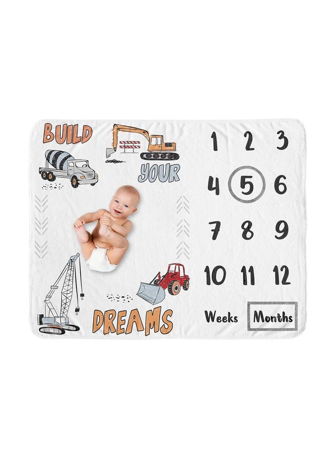 Sweet Jojo Designs Construction Truck Boy Milestone Blanket Monthly Newborn First Year Growth Mat Baby Shower Memory Keepsake Gift Picture - Grey Yellow Orange Red Blue Transportation Chevron Arrow