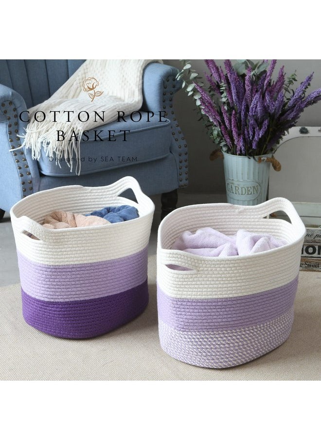 Sea Team Oval Large Cotton Rope Woven Storage Basket with Handles, Diaper Caddy, Baby Shower Basket, Nursery Nappies, Clothes Toys Organizer for Kid's Room, 16 x 13 inches, White & Lavender