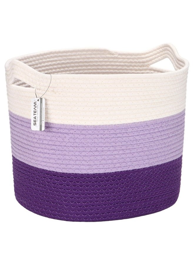 Sea Team Oval Large Cotton Rope Woven Storage Basket with Handles, Diaper Caddy, Baby Shower Basket, Nursery Nappies, Clothes Toys Organizer for Kid's Room, 16 x 13 inches, White & Lavender