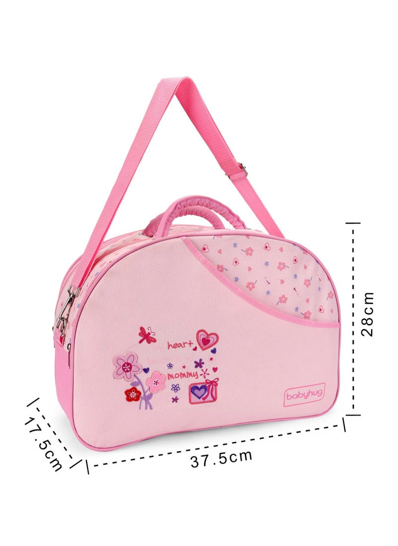 Babyhug Heart & Floral Printed Diaper Bag With Changing Mat, Strong Shoulder Strap, One Front And Back Pocket, Additional Compartment, 0 to 3 Years, 37.5 x 17.5 x 28 cm - Pink