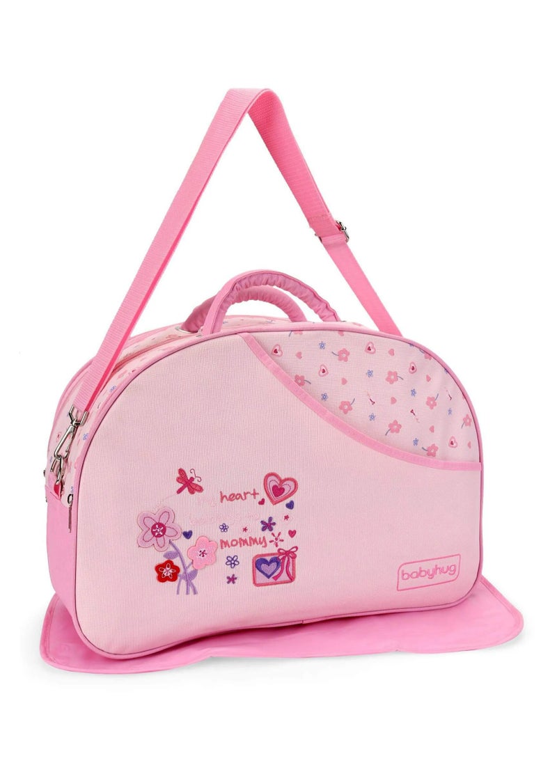 Babyhug Heart & Floral Printed Diaper Bag With Changing Mat, Strong Shoulder Strap, One Front And Back Pocket, Additional Compartment, 0 to 3 Years, 37.5 x 17.5 x 28 cm - Pink