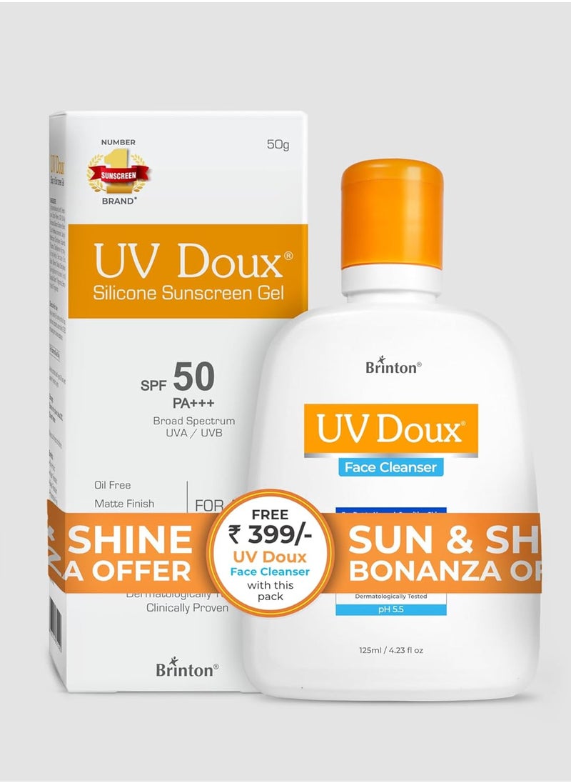 UV Doux Sunscreen Gel SPF50 PA+++ & UV Doux Face Cleanser 125ml Combo | Ultimate Skincare Duo for Sun Protection & Deep Cleansing | Non-Greasy