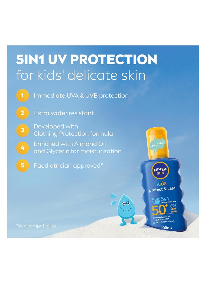 NIVEA SUN Kids Sunscreen Spray, Protect & Care, SPF 50+, 5in1 Skin Protection, Very High and Immediate UVA & UVB Protection, Extra Water Resistant, 200ml