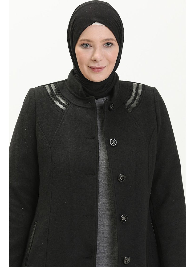 Plus Size Buttoned Cashmere Coat 0417-01 Black
