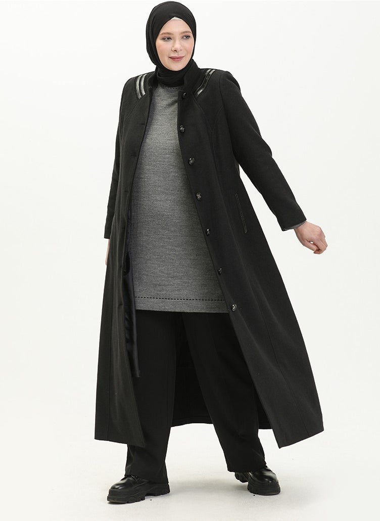 Plus Size Buttoned Cashmere Coat 0417-01 Black