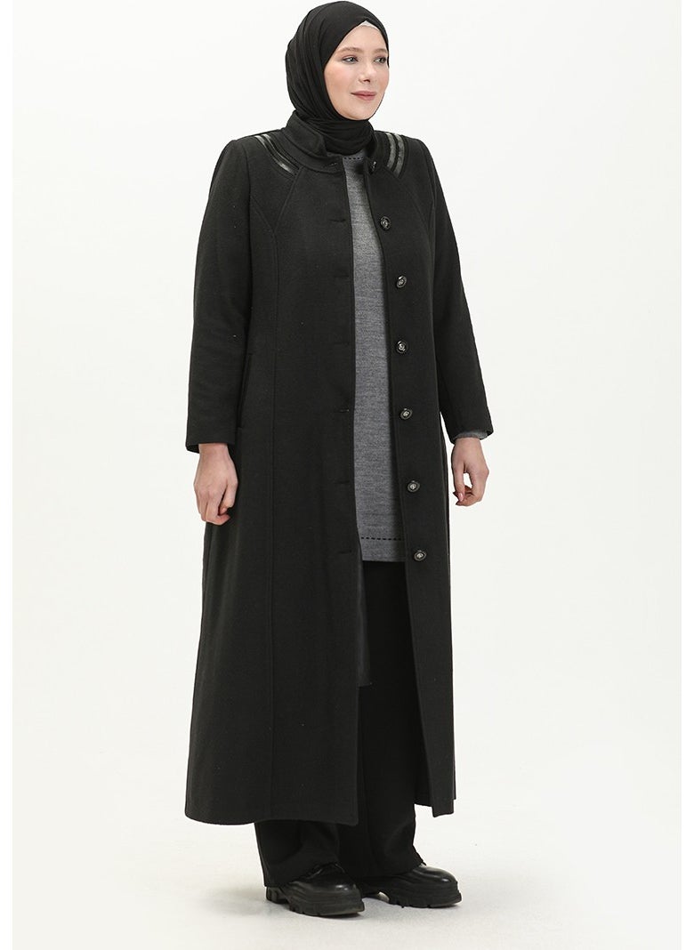 Plus Size Buttoned Cashmere Coat 0417-01 Black