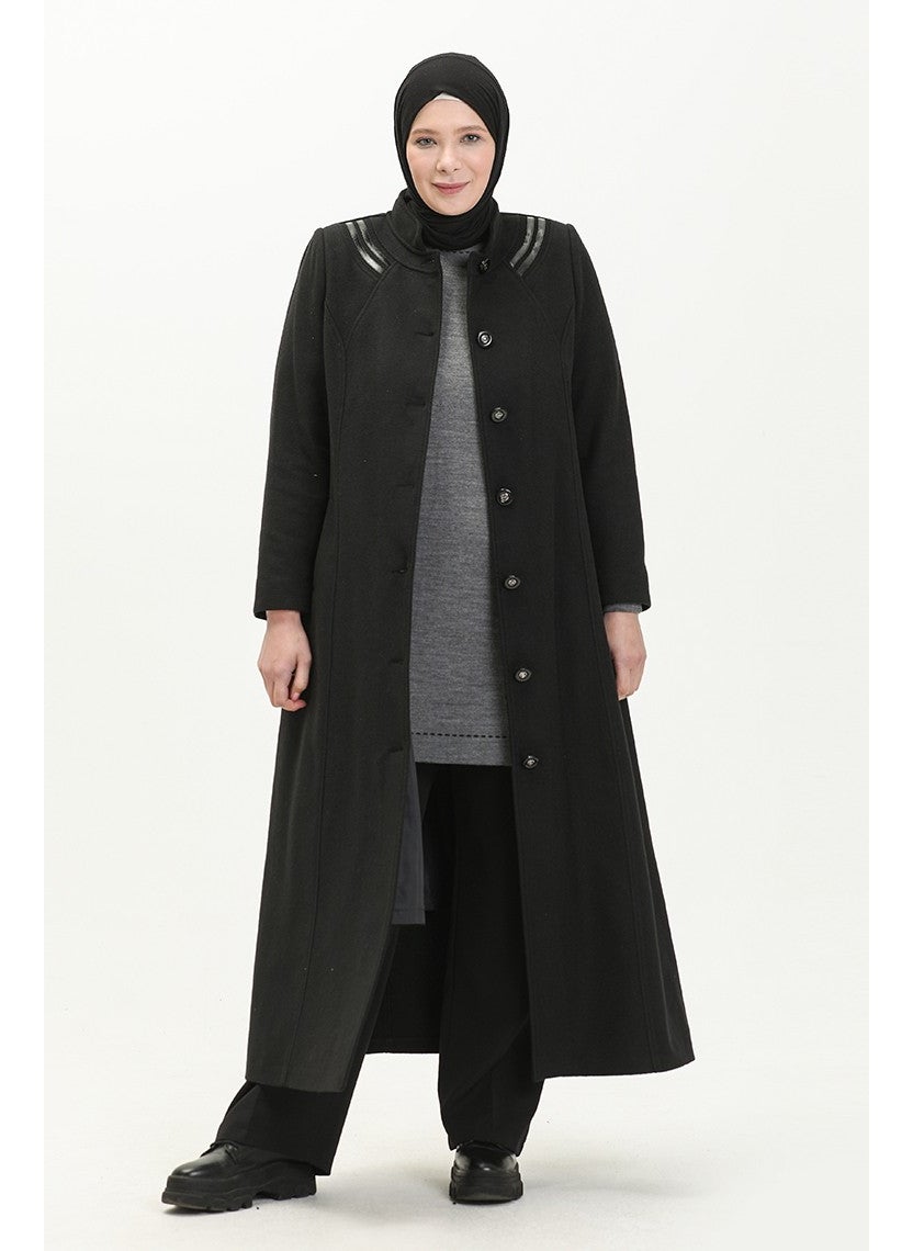 Plus Size Buttoned Cashmere Coat 0417-01 Black