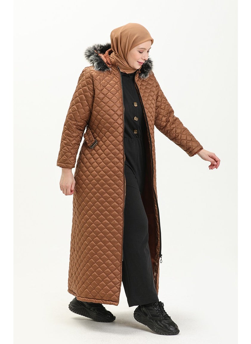 Plus Size Fur Quilted Long Coat 6046-03 Tan