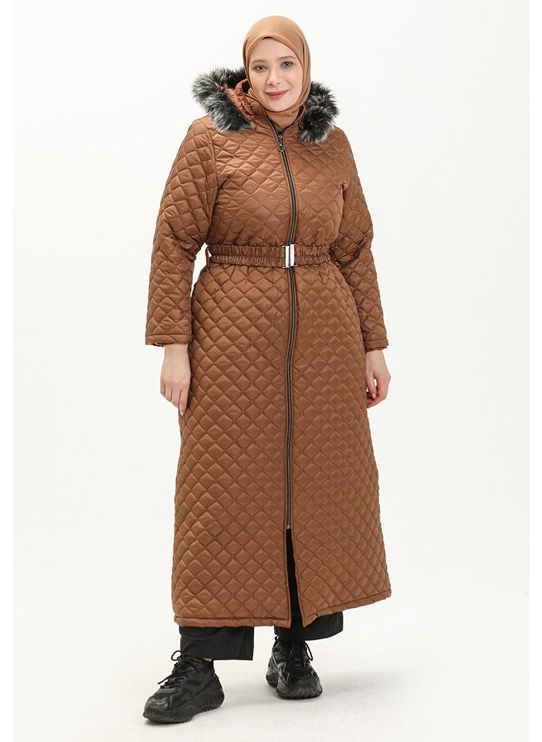 Plus Size Fur Quilted Long Coat 6046-03 Tan