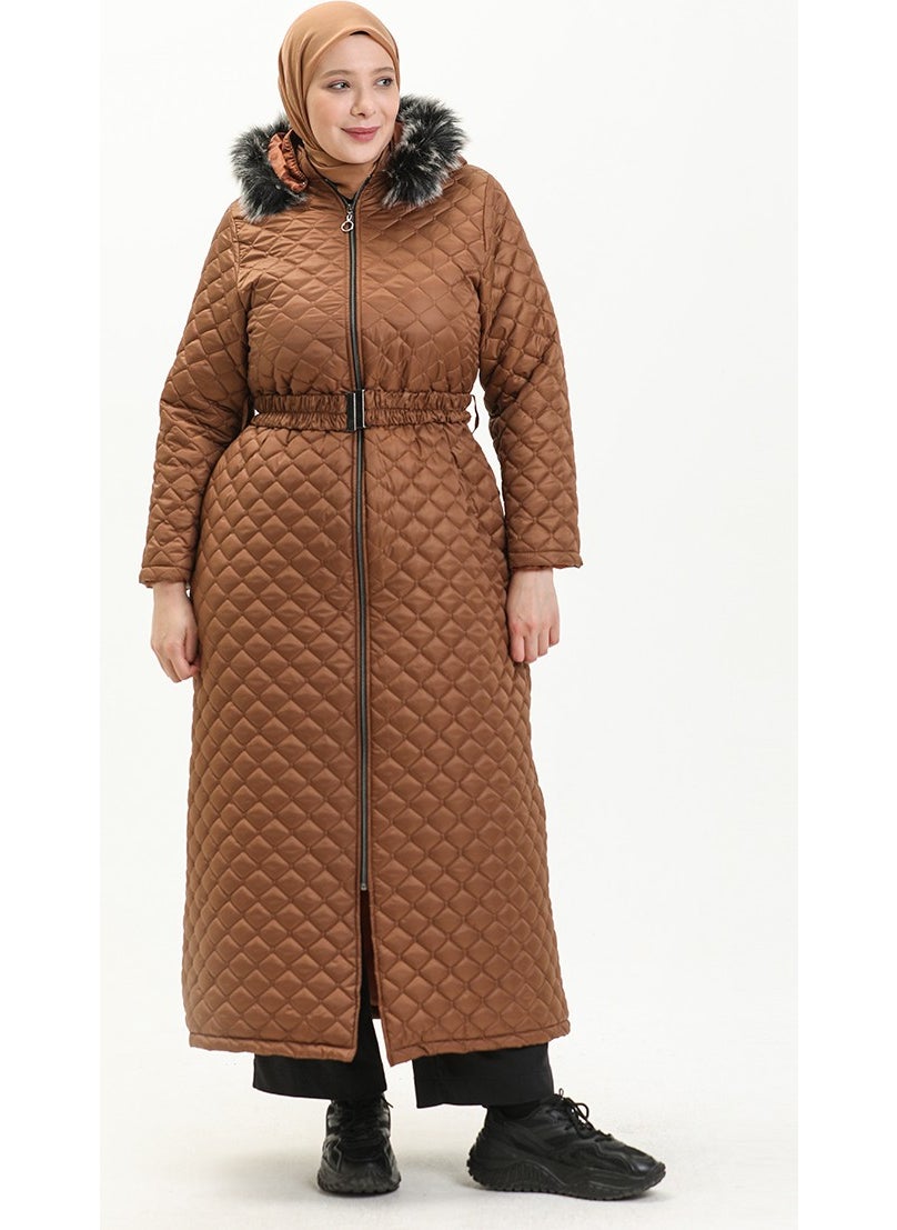 Plus Size Fur Quilted Long Coat 6046-03 Tan