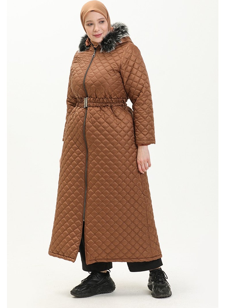 Plus Size Fur Quilted Long Coat 6046-03 Tan