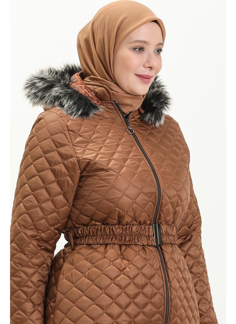 Plus Size Fur Quilted Long Coat 6046-03 Tan