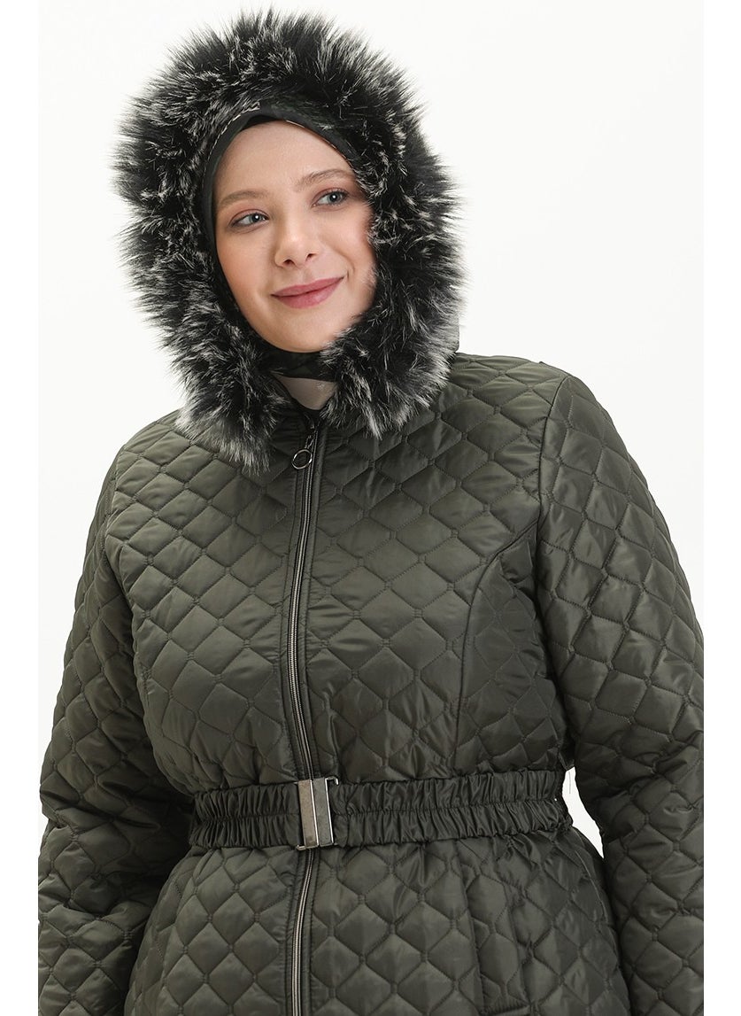 Plus Size Fur Quilted Coat 6047-01 Khaki
