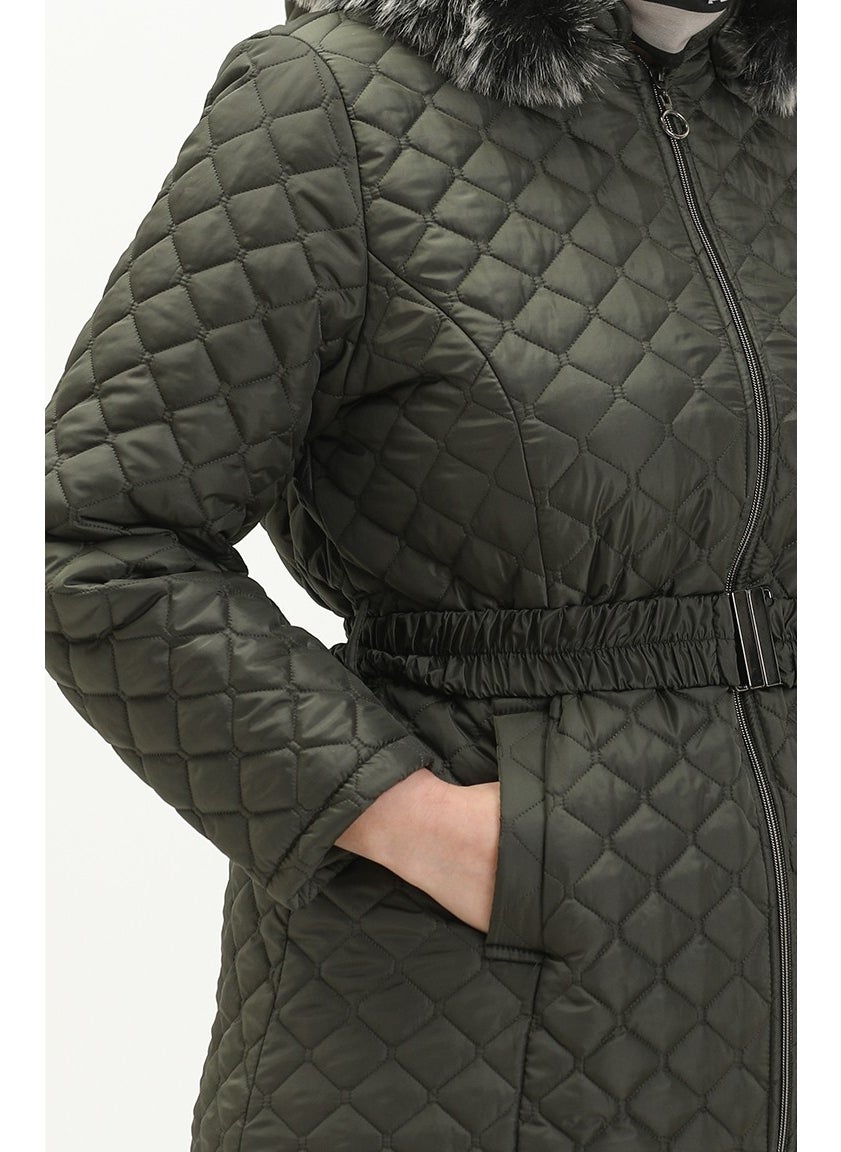 Plus Size Fur Quilted Coat 6047-01 Khaki