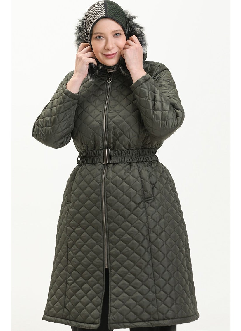 Plus Size Fur Quilted Coat 6047-01 Khaki
