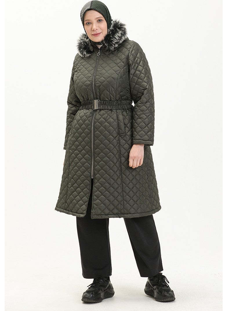 Plus Size Fur Quilted Coat 6047-01 Khaki