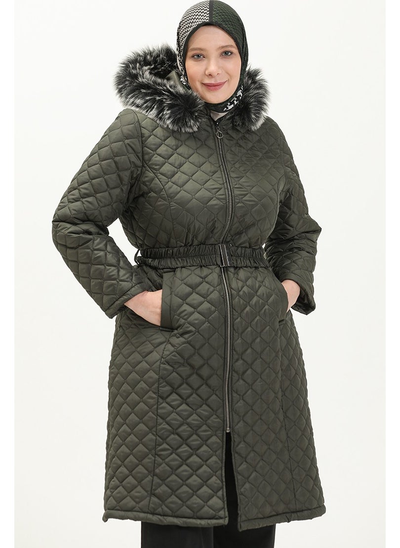 Plus Size Fur Quilted Coat 6047-01 Khaki